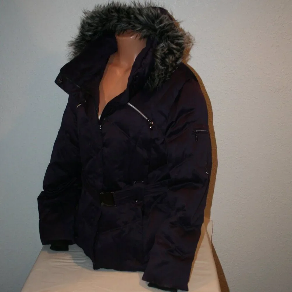 A.N.A Purple XL Down Puffer Faux Fur Trim Hood Zip Snap Jacket Coat Belt Winter - Picture 2 of 12